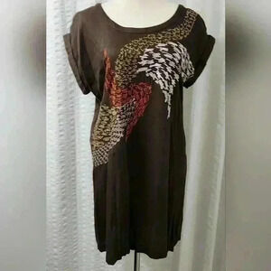 697h Poema Brown Embroidered Wing Shift Dress / Tunic - Size Large